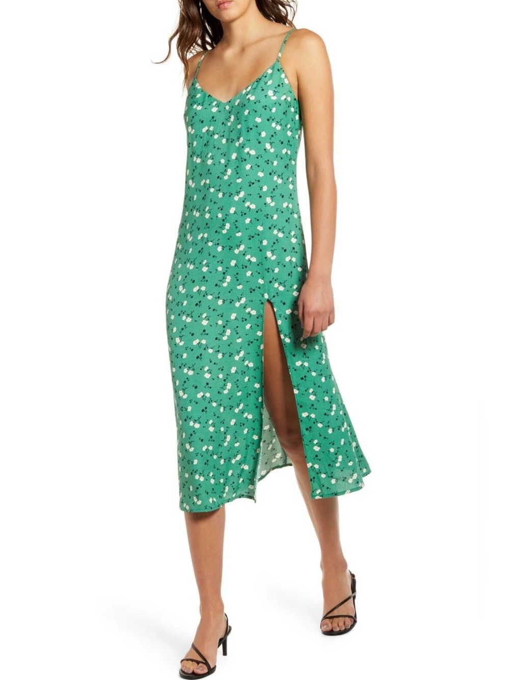 REFORMATION Pico Green Floral Print Slip Midi Dress with Side Slit